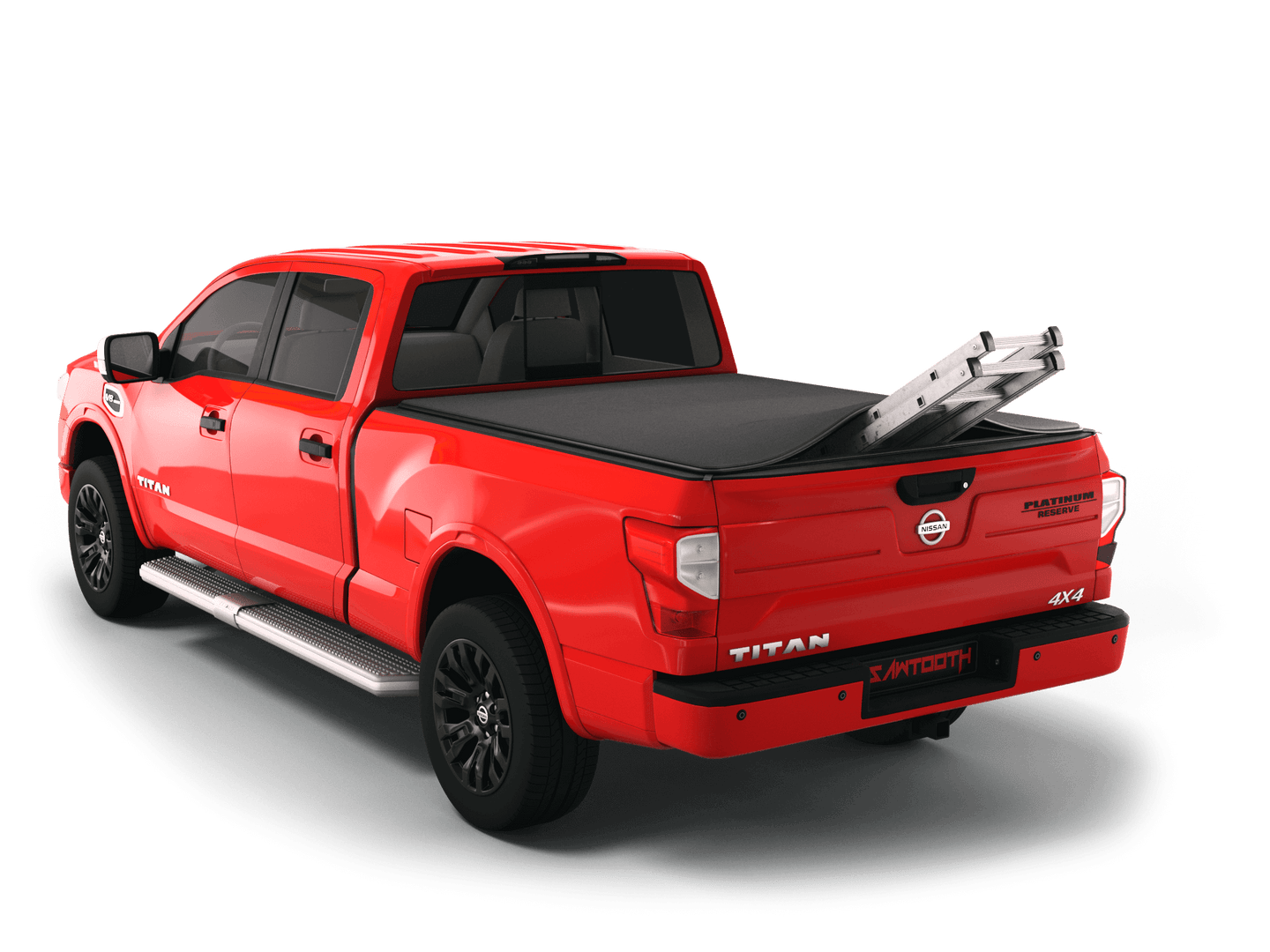 Red Nissan Titan with ladder sticking out of Sawtooth Stretch expandable truck bed cover